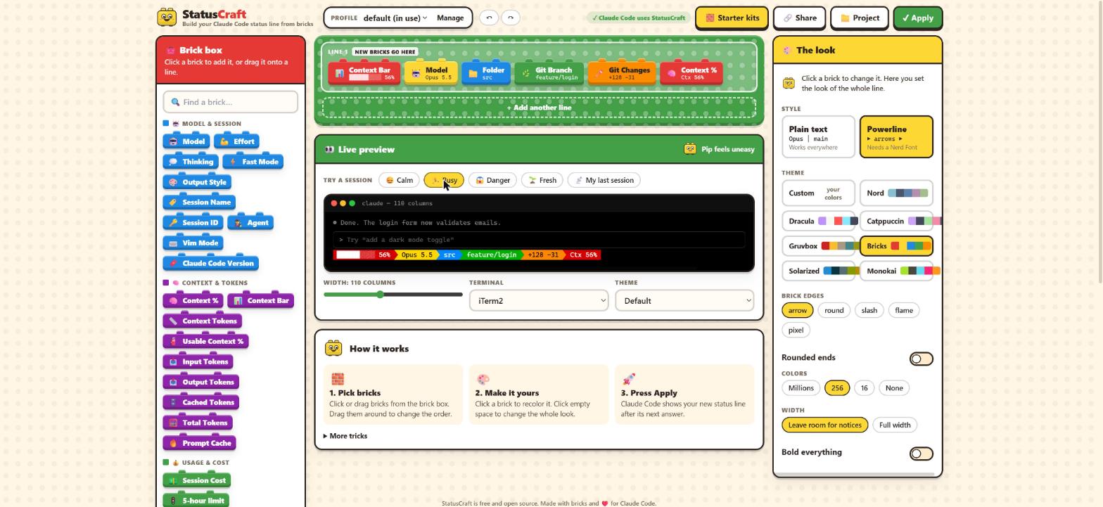 The StatusCraft brick editor: a brick box on the left, your status line and a live preview in the middle, colors and themes on the right